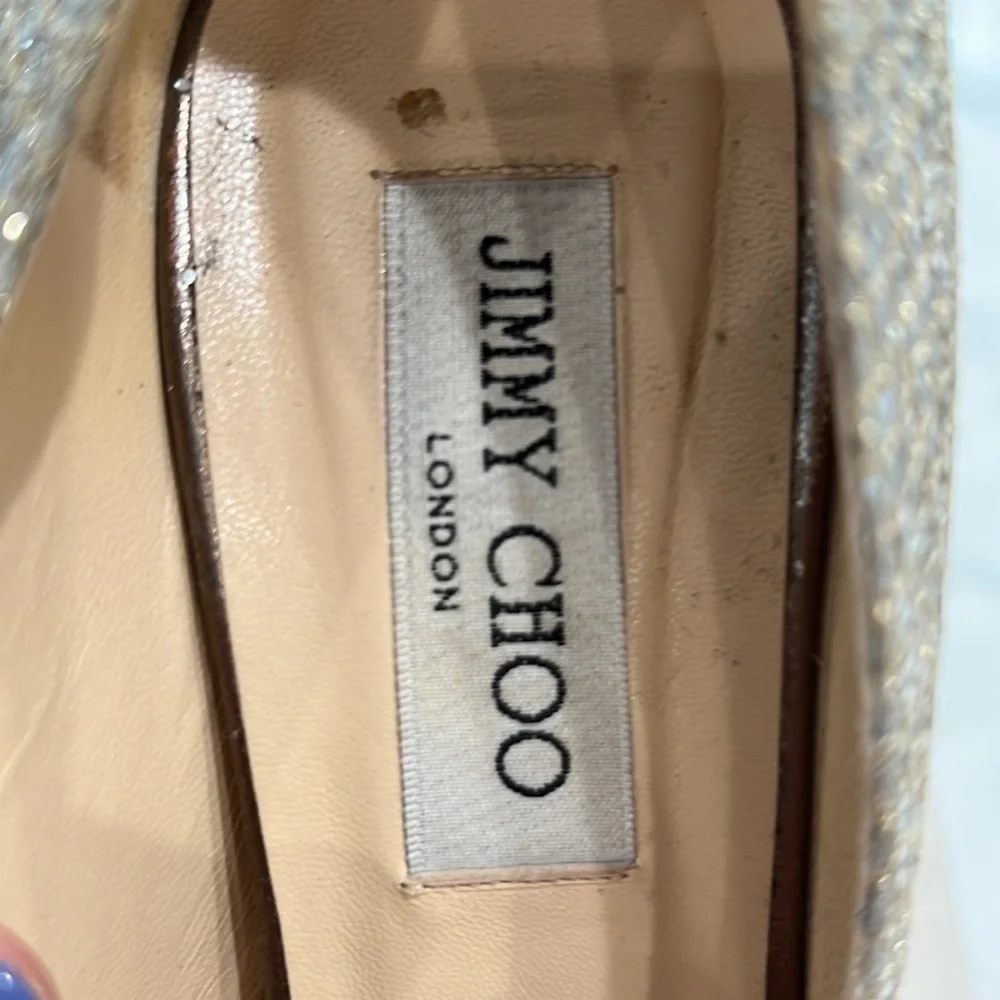 Jimmy CHOO 247 Crown Glitter fabric champagne platform 5in heels size 39.5